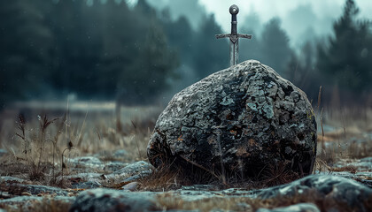 A sword is on top of a large rock in a field - obrazy, fototapety, plakaty