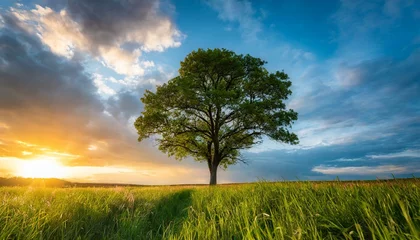 Foto op Canvas 草原に1本の木,美しい夕暮れの風景 © mol