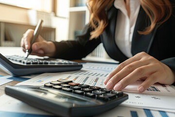 Concept of finance and accounting. Businesswoman at desk using calculator