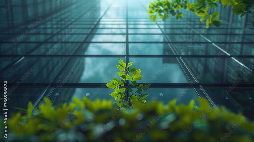 Poster a sustainable glass building with green tree branches and leaves to reduce heat and carbon dioxide i