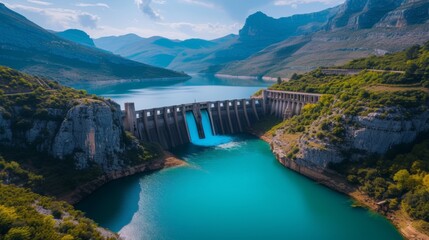 Aerial view of a massive hydroelectric dam in a mountainous landscape
