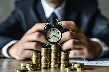 Concept of time equating to money with businessman and clock