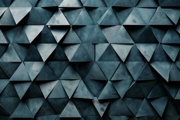 Dark gray wall made of triangular shapes, creating an abstract and modern background with geometric patterns
