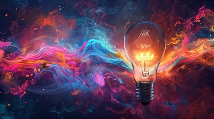 Vibrant light bulb surrounded by swirling colorful energy