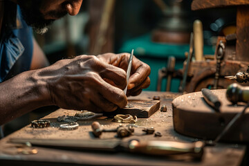 A young craftsman creating handmade jewelry - obrazy, fototapety, plakaty