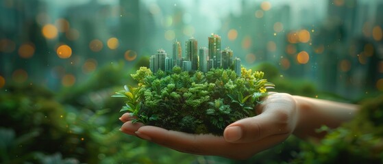 Green city concept in hand, cutting plants' leaves