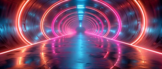 The Hypnotic Quantum Flux: A Shining Dazzling Floor Converges into a Hypnotic Silicone Tunnel Style Pathway - Colorful Luxurious Neon Glowing Lights Illuminate the Expansive Empty Spaces on Both Sides