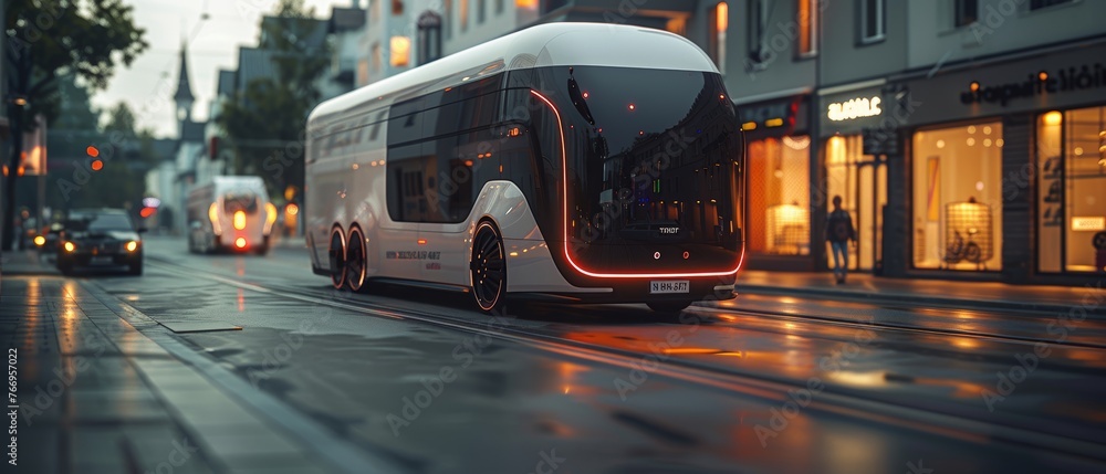 Poster autonomous delivery vehicles of the future. robotic self-driving lorries. futuristic logistic concep