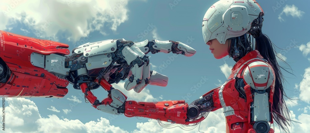 Aufkleber Conceptual illustration of machine learning. Artificial intelligence developer. Robot with AI in hand programmer. Cyborg woman training neural network.