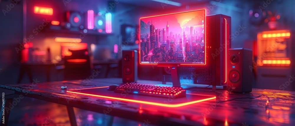 Poster game pc computer glowing in the dark. isometric illustration of a modern computer case, monitor, key