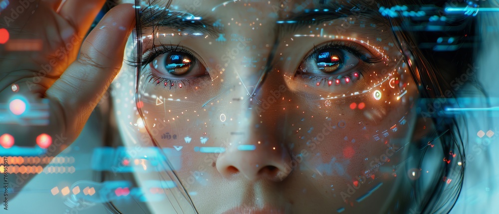 Poster The AI AI concept of a robot woman or female cyborg working on a three-dimensional holographic interface. Cybernetic hand pressing button and beautiful face. Anthropomorphic Artificial intelligence AI