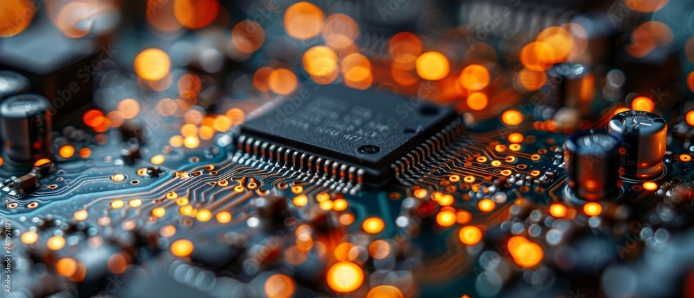 Poster a hardware electronic development concept, including electronic circuit boards or motherboards with 