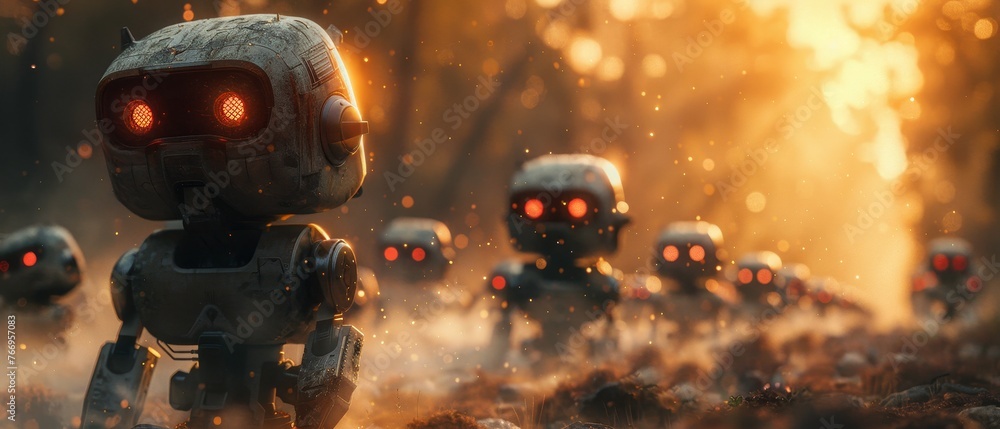 Poster Apocalyptic sci-fi illustration of technological apocalypse. Machines with artificial intelligence. Robot or cyborgs capturing Earth. Artificial intelligence. Dangerous machines.