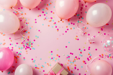 A pink surface adorned with balloons, a gift box, and confetti viewed from above. Arranged in a flat lay design for celebrations or birthday themes
