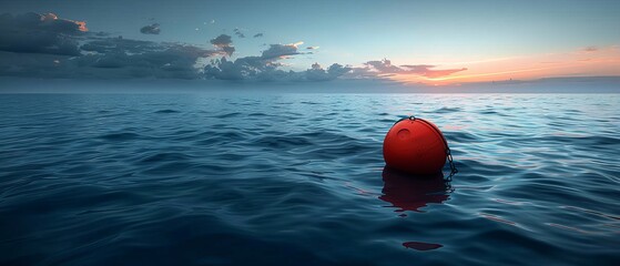 Buoy on water surface with a chain attached to the seabed. Underwater marine landscape. Blue ocean with clear cloudless sky, sun rays, and horizon line. Floating navigational buoy.