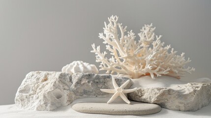 Stack stones platform podium, starfish, coral on gray light
