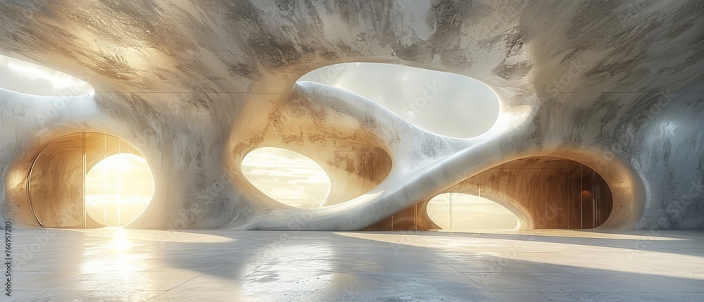 Poster Detailed rendering of abstract concrete floored futuristic architecture.