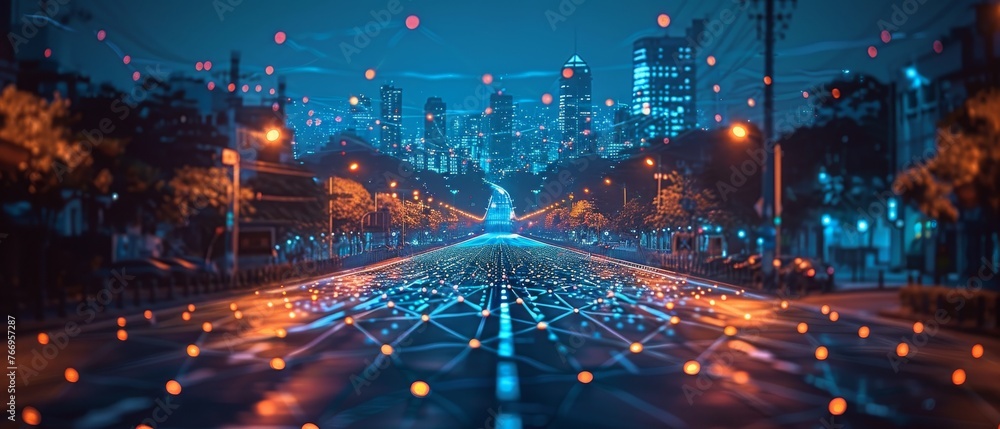 Poster With wireless network and connection technology concept at night, there is a modern city with a wireless network connection and cityscape concept.