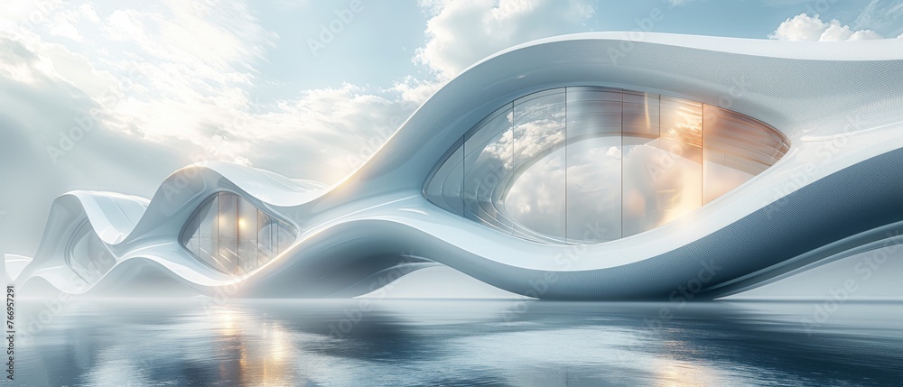 Aufkleber A low angle view of futuristic architecture, a skyscraper with curved glass windows...