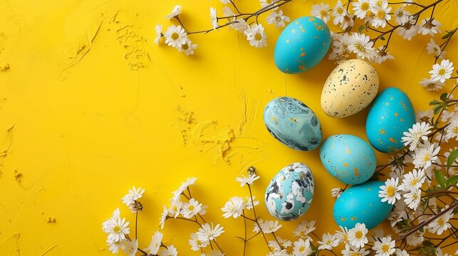 Easter eggs and spring flowers on a yellow background with space for text, top view. Generated ai.
