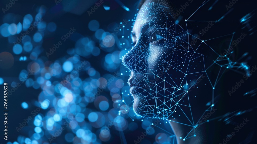 Poster A concept of human and technology with AI (Artificial Intelligence) and a communication network.