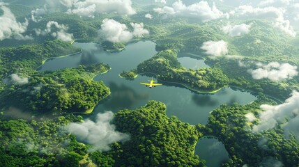 Fototapeta na wymiar Distant aerial view of dense rainforest vegetation with lakes shaped like world continents, clouds and one small yellow airplane. 3D rendering.
