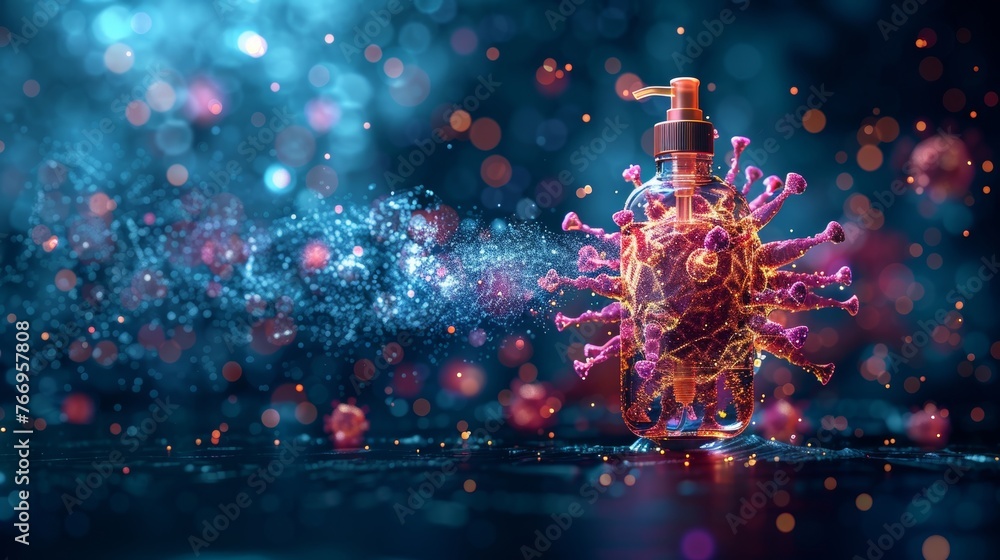 Poster the spread of hand sanitizer on planet earth. desinfection by the covid-19 virus. low poly style des