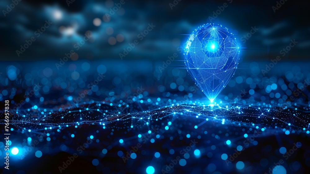 Aufkleber a blue pin icon on the planet earth. a low poly style design on an abstract geometric background. wi