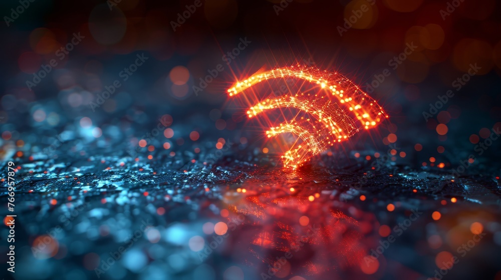 Aufkleber Wi-Fi network icon with abstract design. Low poly style design. Wireless network connection concept. 3D geometric background. Wireframe light structure. Isolated modern illustration.