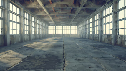3d rendering of an empty warehouse with a lot of windows. 3d rendering of large hangar building and concrete floor and open shutter door in perspective view for background Generative AI - obrazy, fototapety, plakaty