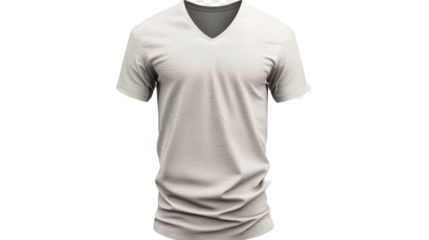 A sophisticated men's V-neck T-shirt, exuding laid-back charm and effortless cool, its breathable fabric and tailored silhouette accentuated against a transparent white background