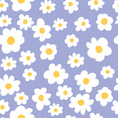 Seamless with daisy chamomile on pastel blue background vector illustration. Cute hand drawn floral pattern.	
