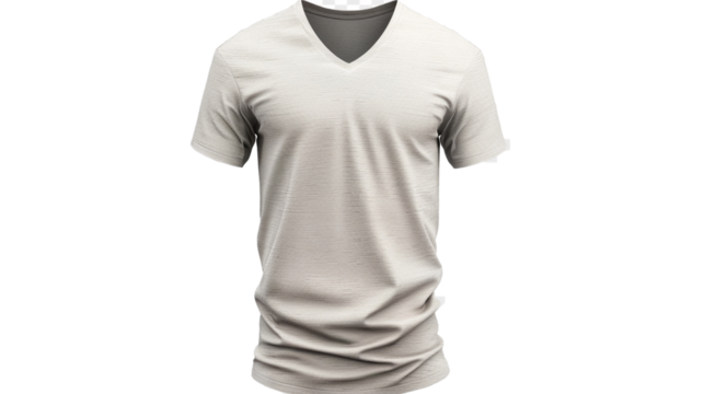 A sophisticated men's V-neck T-shirt, exuding laid-back charm and effortless cool, its breathable fabric and tailored silhouette accentuated against a transparent white background