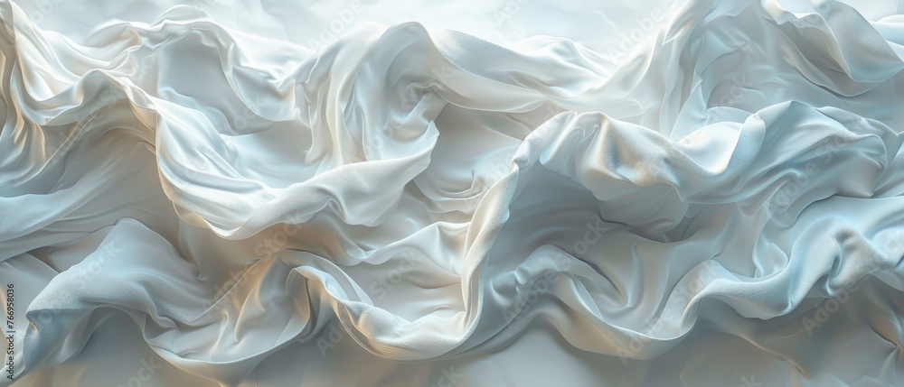 Poster folds up on fabric. white background with waves. waves on bed. white banner with bulges. 3d renderin