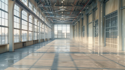 3d rendering of an empty warehouse with a lot of windows. 3d rendering of large hangar building and concrete floor and open shutter door in perspective view for background Generative AI - obrazy, fototapety, plakaty