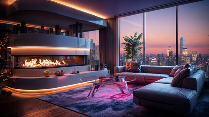 futuristic luxury apartment with a modern chimney, violet LED lights and a beautiful view on a city