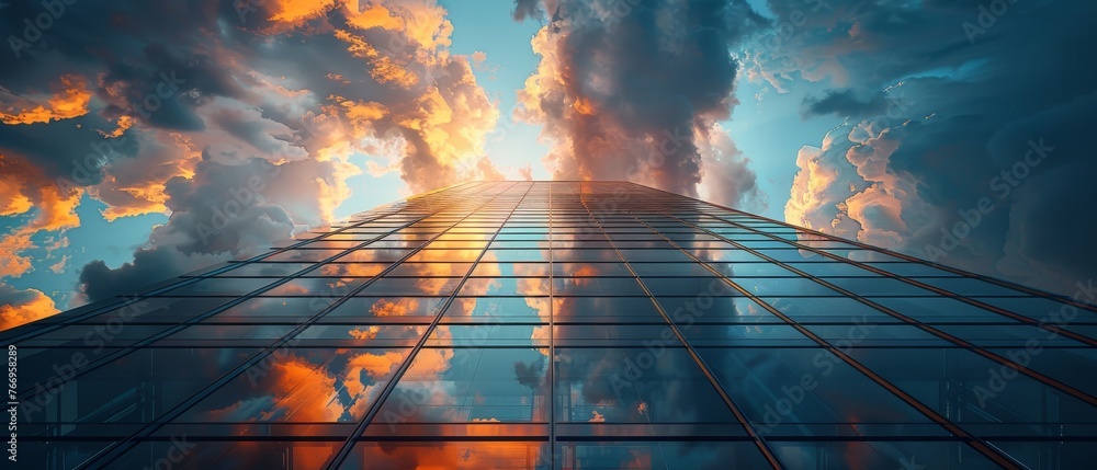Fototapete the angle of a building corner in a tall building is reflected in the clouds. business concept of fu