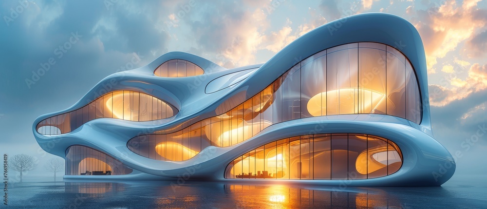 Aufkleber A low-angle view of futuristic architecture, with curved glass windows in an office building, rendered in 3D.