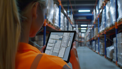 A female warehouse worker wearing an orange shirt is focused on looking at a tablet device. - obrazy, fototapety, plakaty