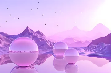Tuinposter 3D glow modern purple sphere with water landscape wallpaper © Ivanda