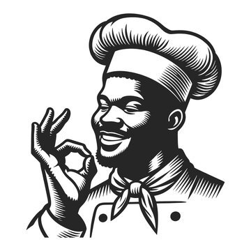 happy male chef with a beaming smile giving a sign of delicious approval sketch engraving generative ai fictional character raster illustration. Scratch board imitation. Black and white image.