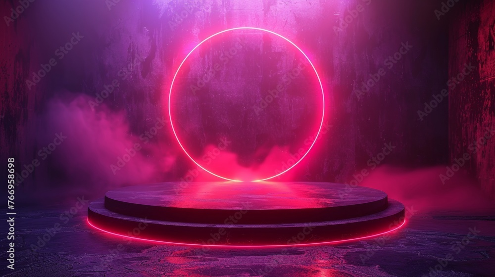 Poster Exhibition podium with a neon circle isolated on purple background - Empty space for your product on the podium