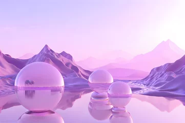 Zelfklevend Fotobehang 3D glow modern purple sphere with water landscape wallpaper © Ivanda