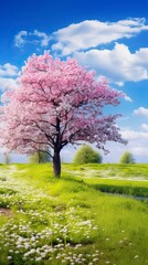 Obraz premium Beautiful spring landscape. Blooming trees on the meadow with flowers and green grass. Natural Landscape 