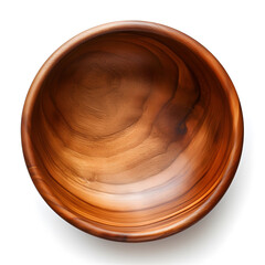Top view of an empty wooden bowl on a white background