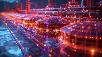 Stock market chart for the cost of oil - Growth slowdown of the petroleum industry - Modern illustration of 3D oil tank in low poly wireframe style isolated on dark background