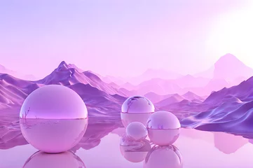 Gordijnen 3D glow modern purple sphere with water landscape wallpaper © Ivanda