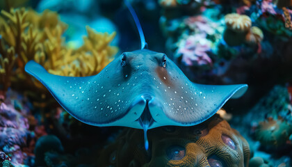A blue stingray is swimming in a coral reef