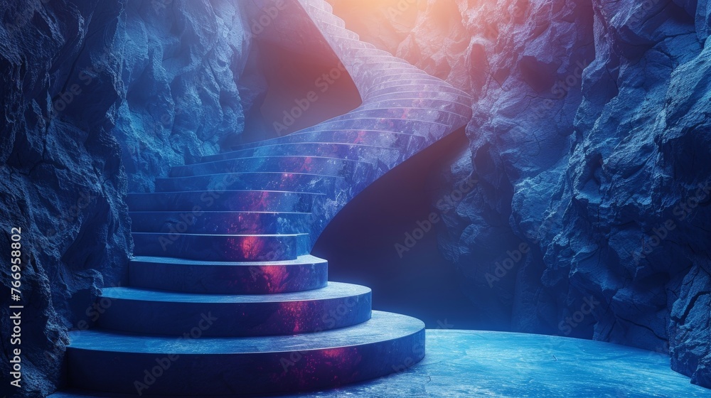 Poster the path to success is shown on a blue background with a futuristic polygonal staircase. an abstract