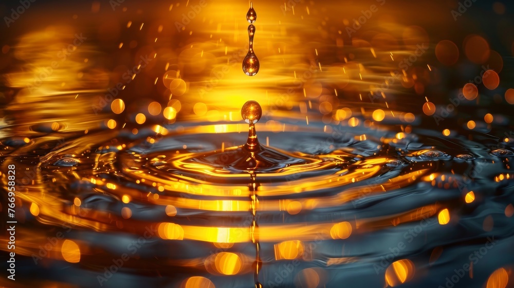 Aufkleber the drop of oil drips onto the surface creating ripples. golden color liquid, concept of lubrication